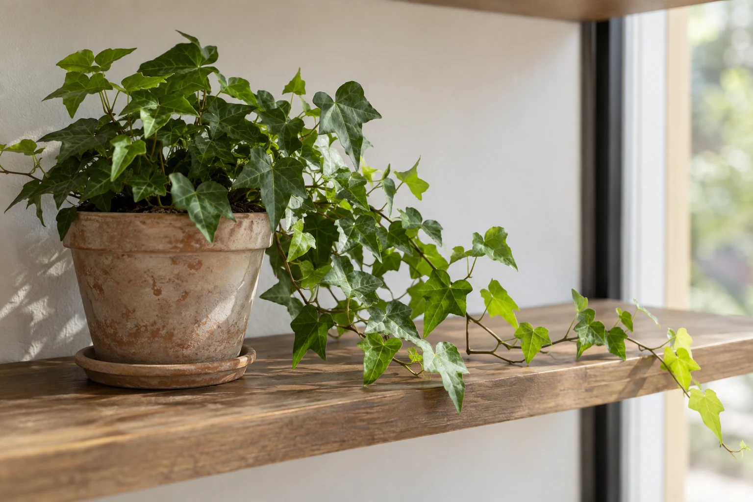 Potted ivy with a vine trailing across a home shelf.