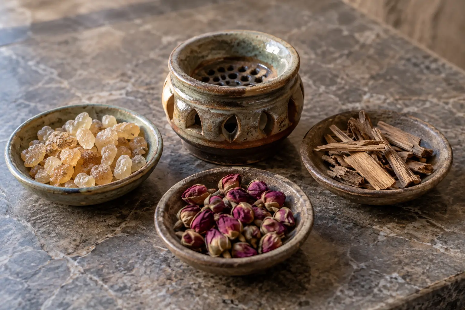 Resin tears, wood chips, and dried flower buds in separate dishes around an empty incense burner.