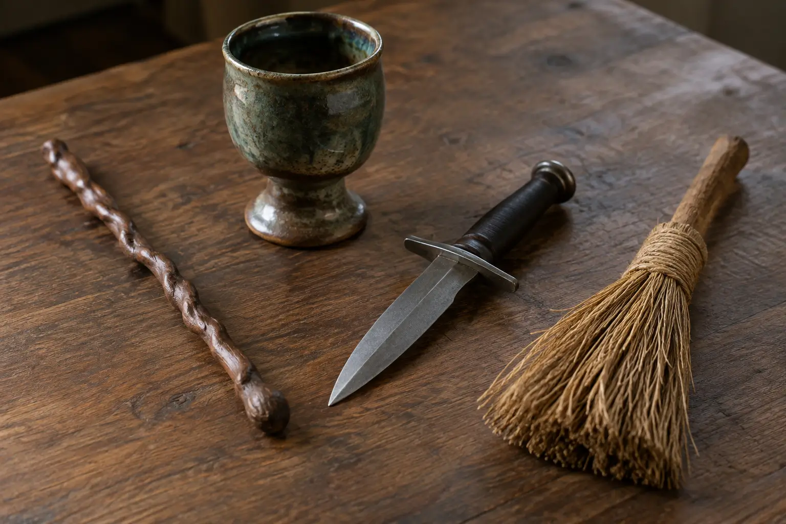 A wooden wand, ceremonial knife, ceramic cup, and small natural-fiber broom arranged on a tabletop.