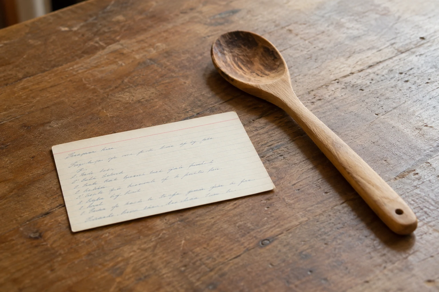 A handwritten recipe card beside a wooden spoon on a table.
