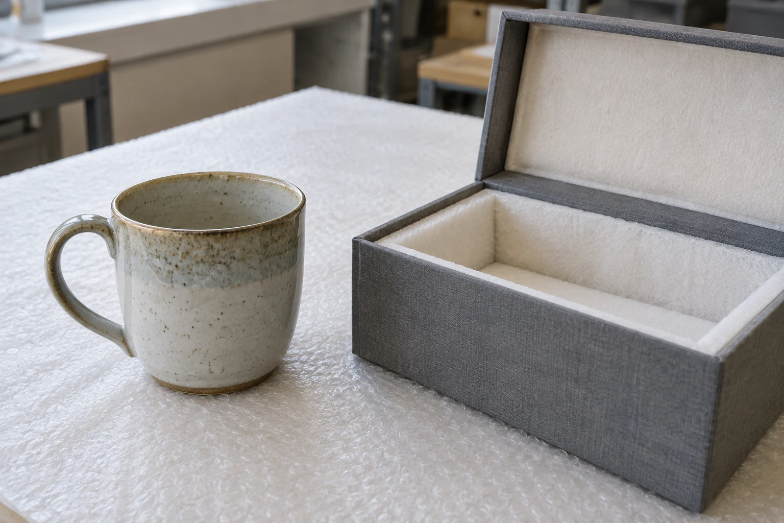 A handled ceramic cup rests on padding beside an open storage box with a padded interior.