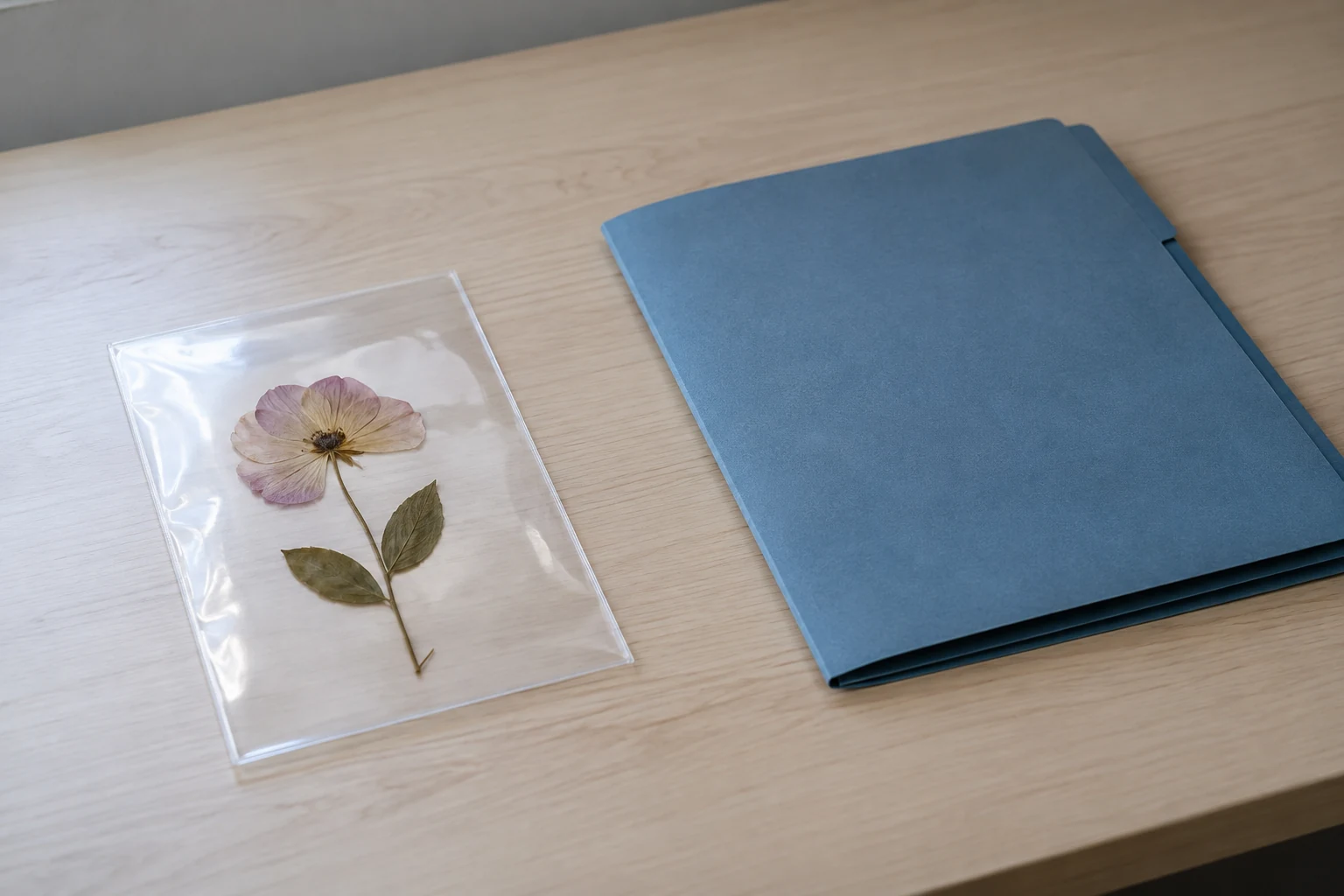 Pressed flower in a clear sleeve beside, but separate from, a closed record folder.