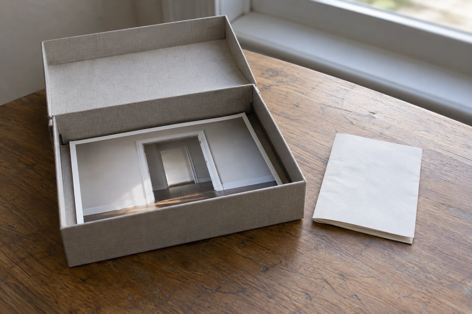 A photograph lies flat in an open box, with a folded note separate from it on the tabletop.