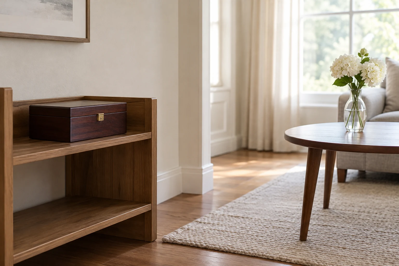A closed keepsake box on a shelf separate from a table holding a vase.