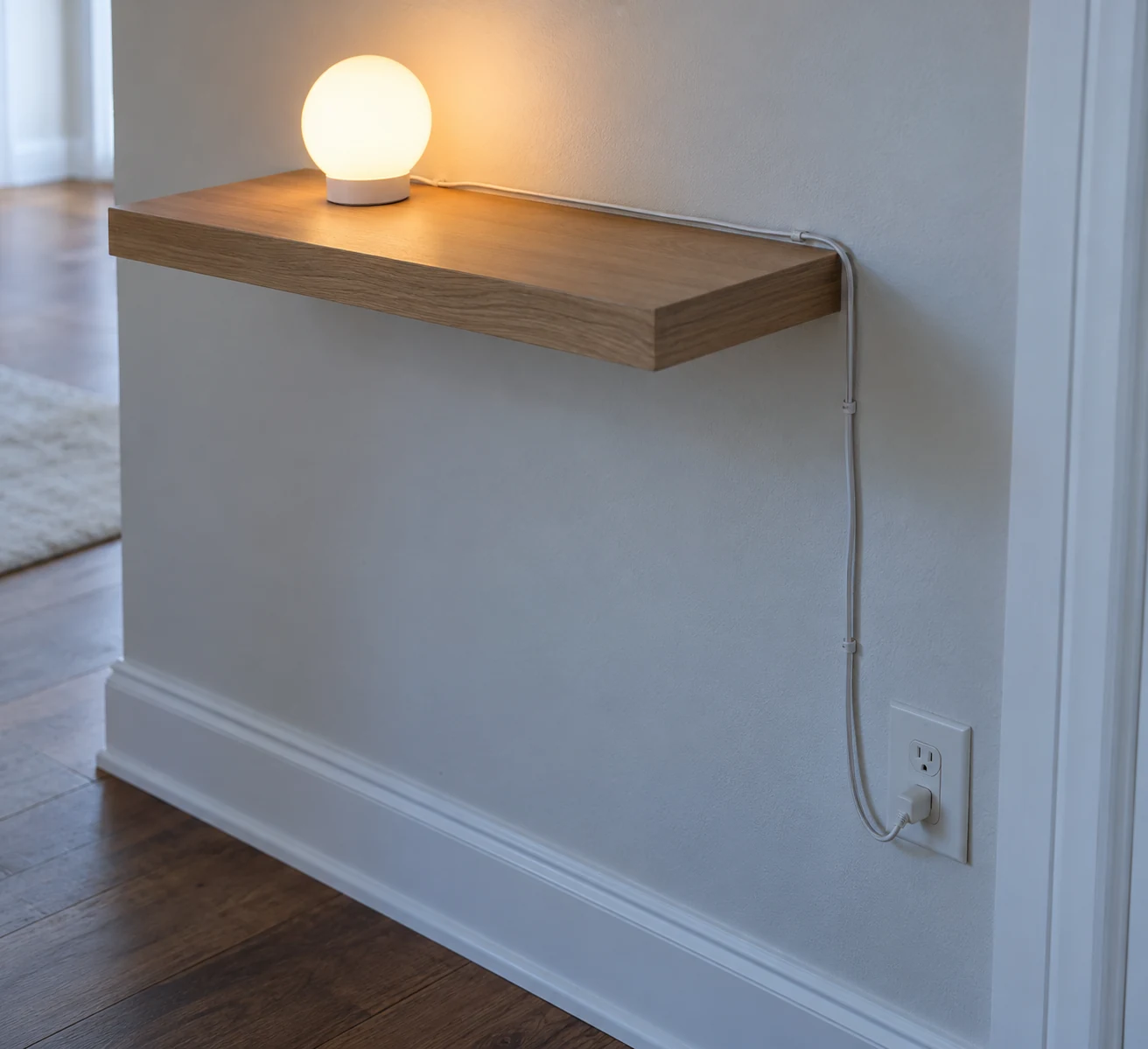 A corded LED light on a shelf has a cable routed along the back and down to a wall outlet.