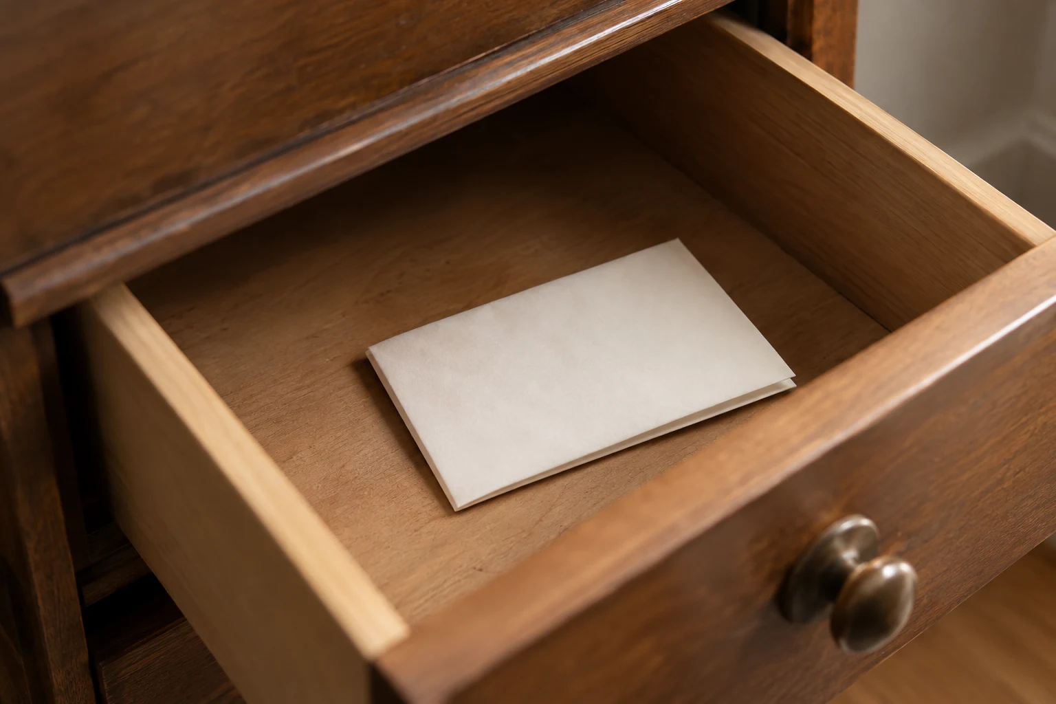 A folded paper note lying inside a partly open drawer.