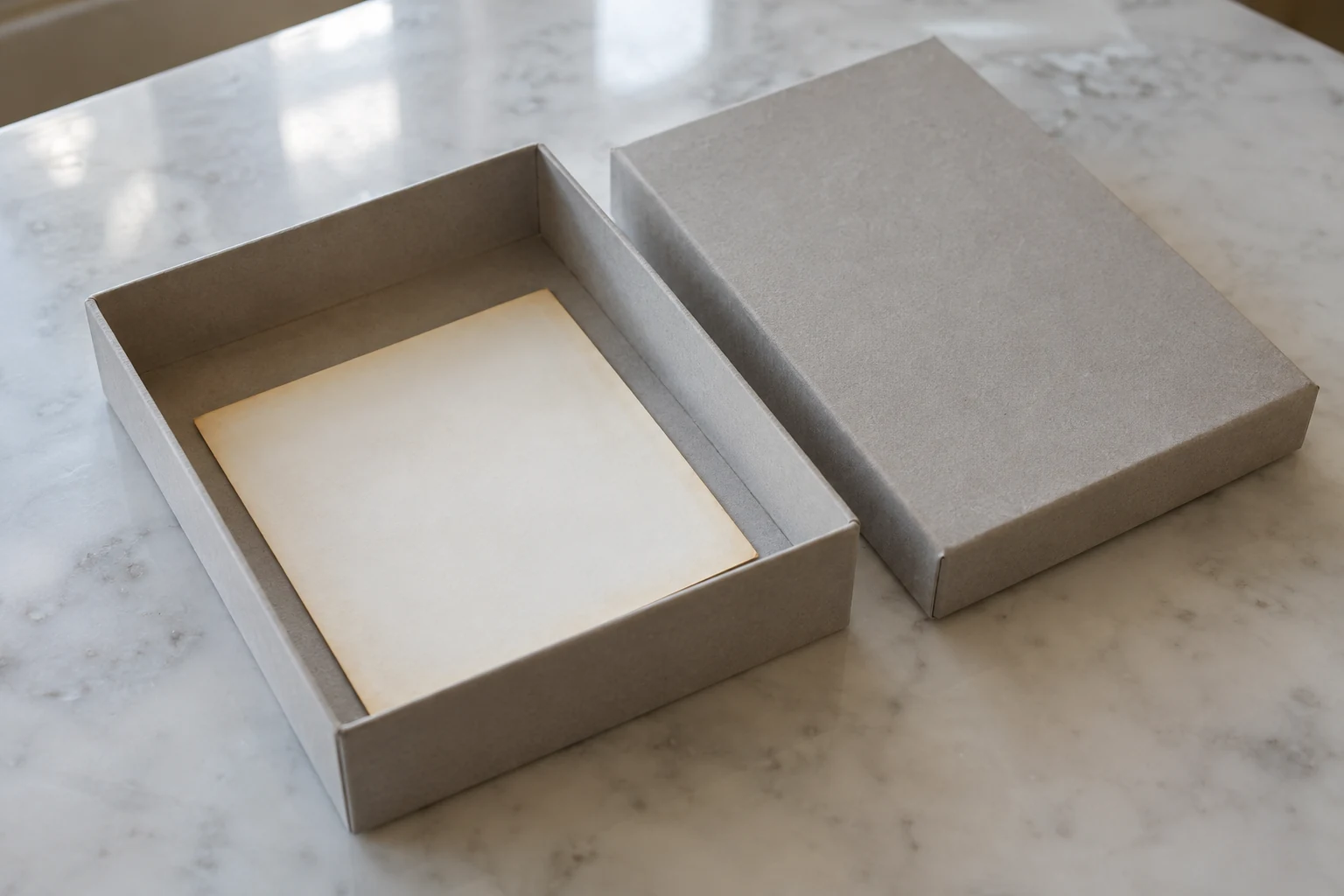 A photographic print lies face-down inside an open storage box, with its lid beside it.