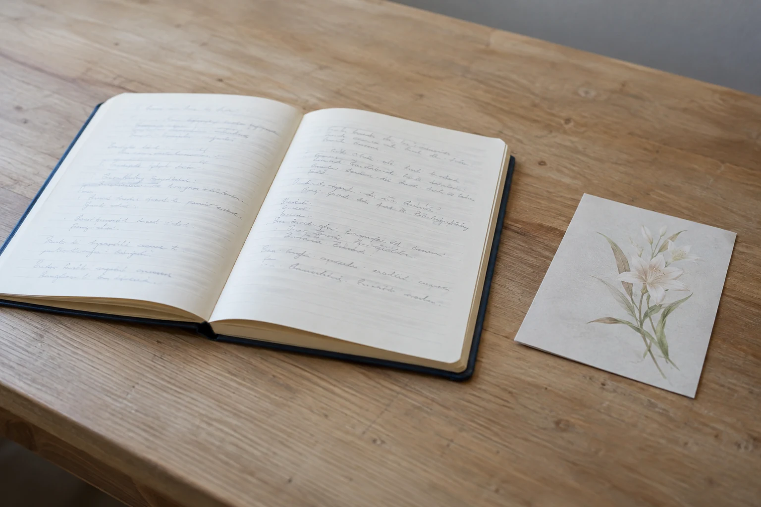 An open notebook of handwritten notes sits apart from a loose remembrance card.