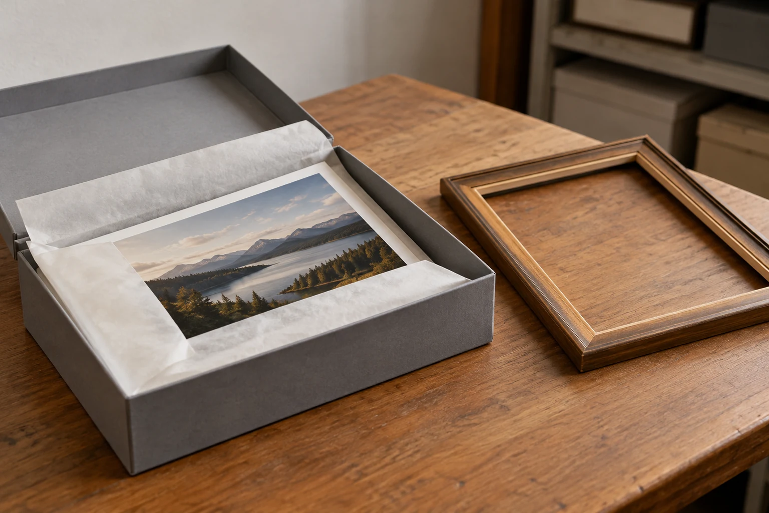 Landscape photograph partly inside a paper enclosure in a box, with its empty frame set apart.