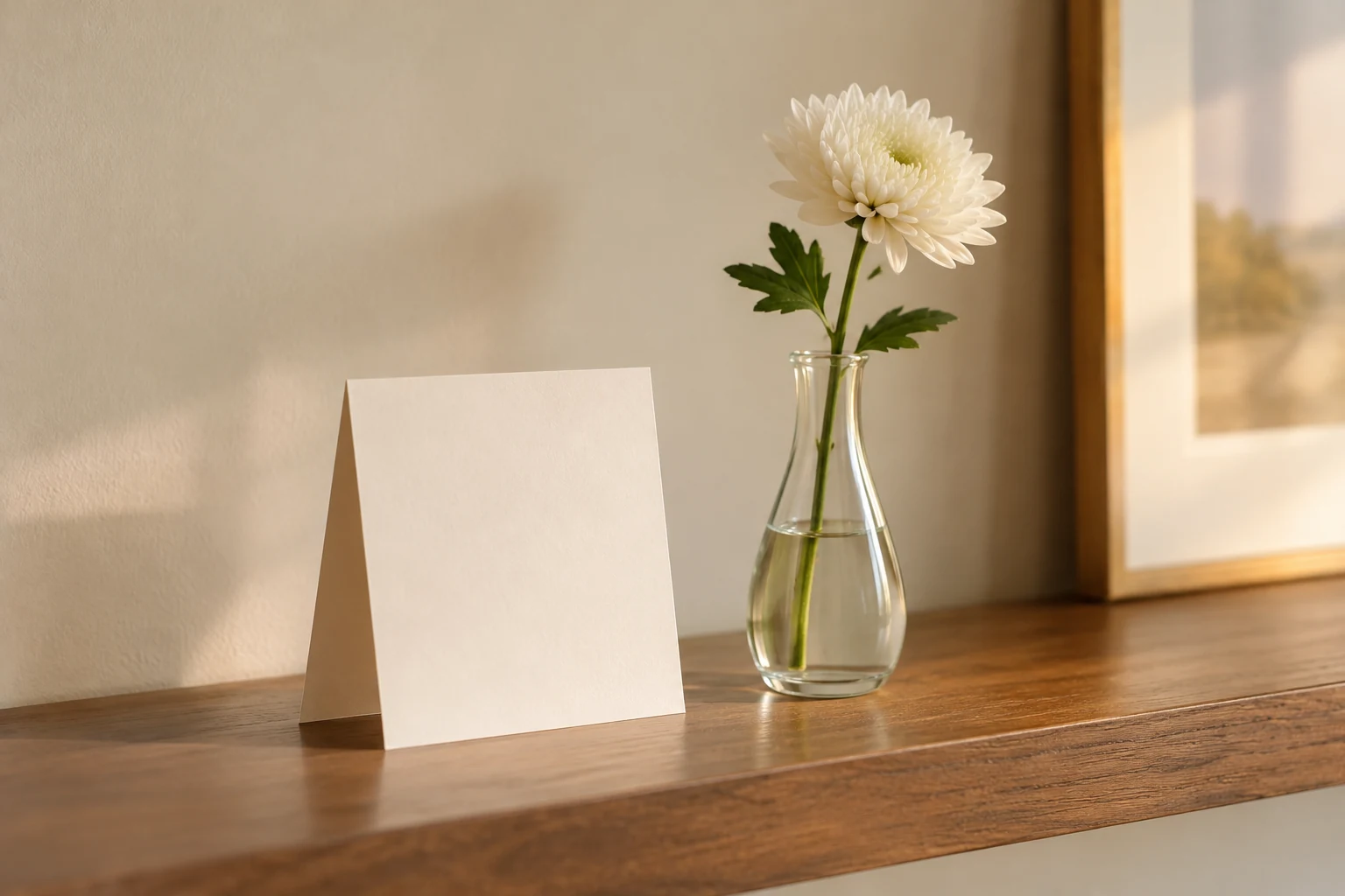 A folded card and a single flower in a narrow vase on a home shelf.
