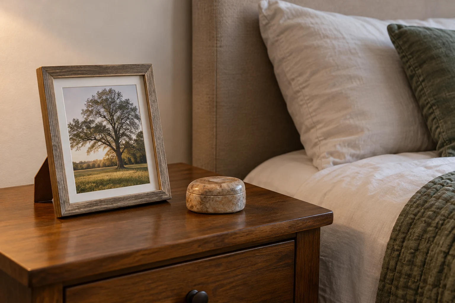 A framed tree photograph and a small keepsake sit on a bedside table beside a bed.