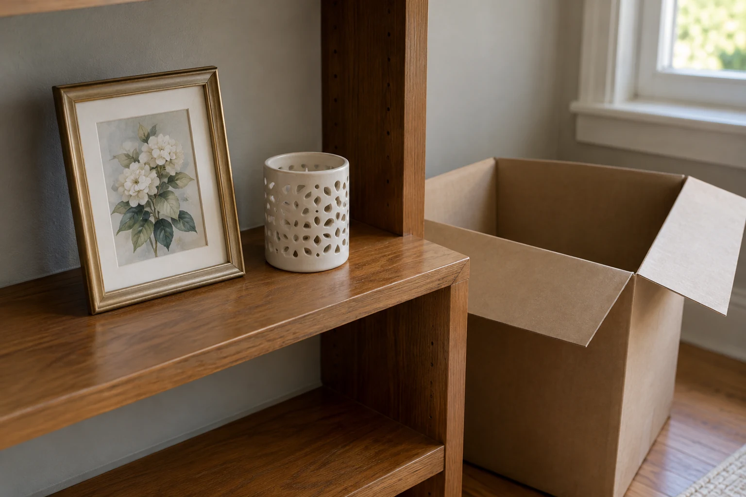 A framed floral image and unlit candleholder on a shelf beside an open, empty moving box.