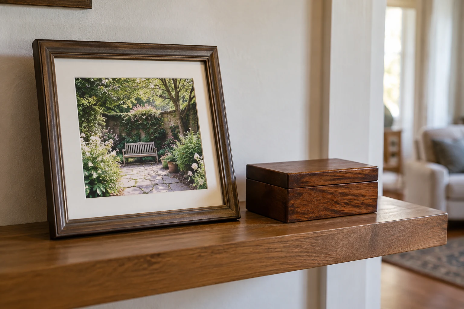 A framed garden photograph and a small wooden keepsake box sit apart on a home shelf.