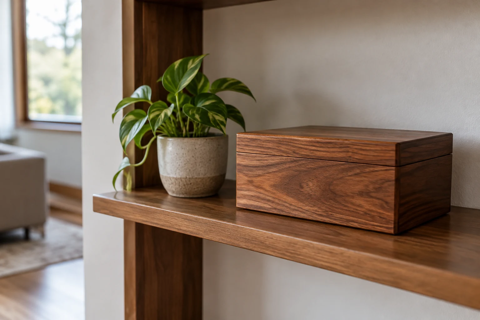A closed keepsake box and small potted plant on a shelf in a quiet corner of a home.