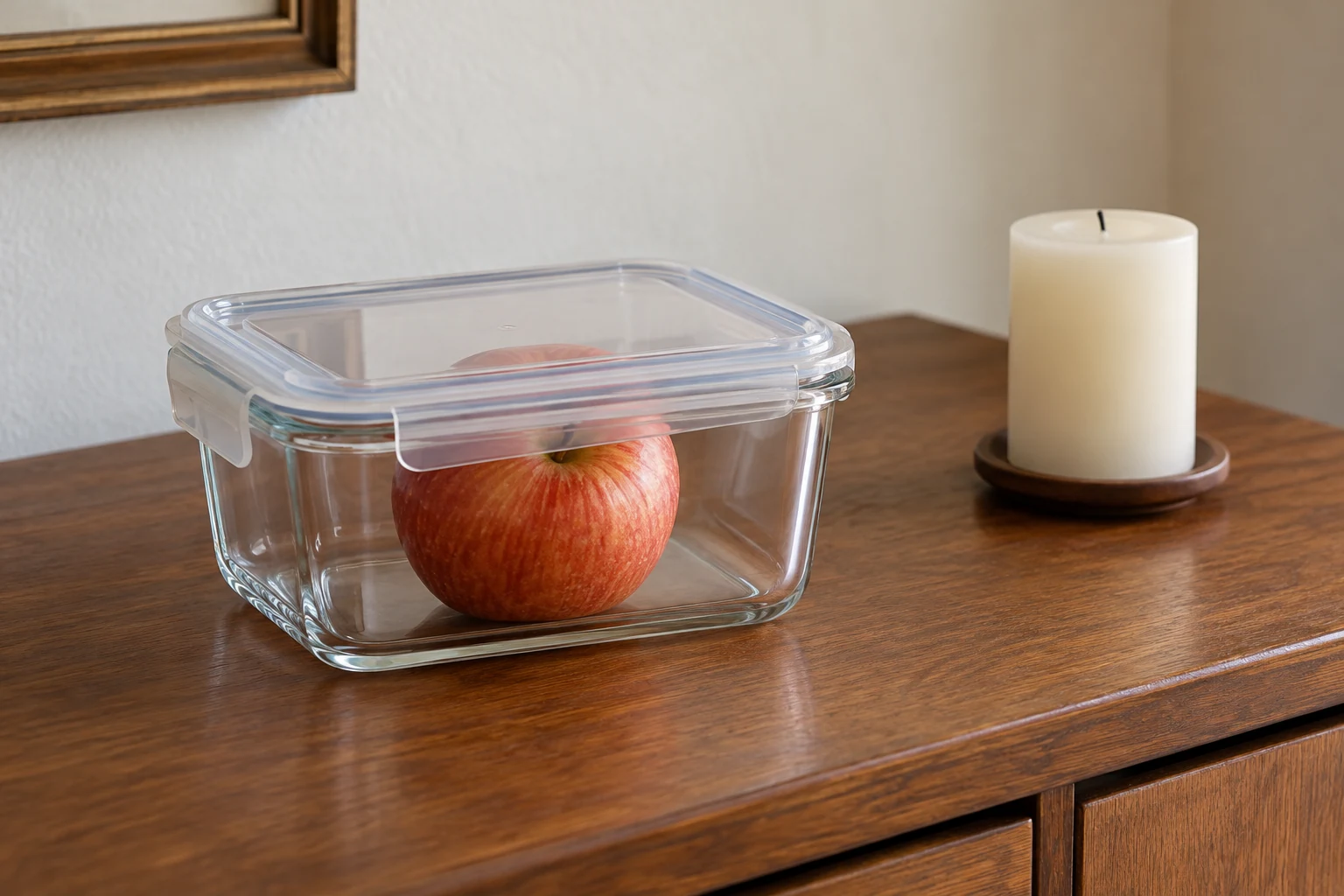 Fruit in a closed clear container on a sideboard beside an unlit candle.