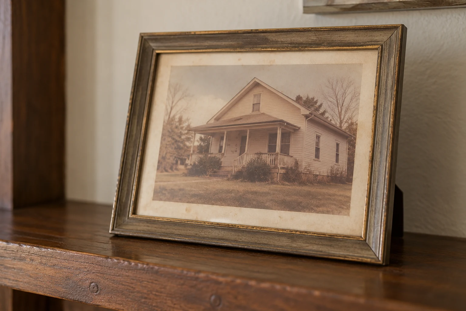A faded photograph of an empty house in a frame on a shelf.