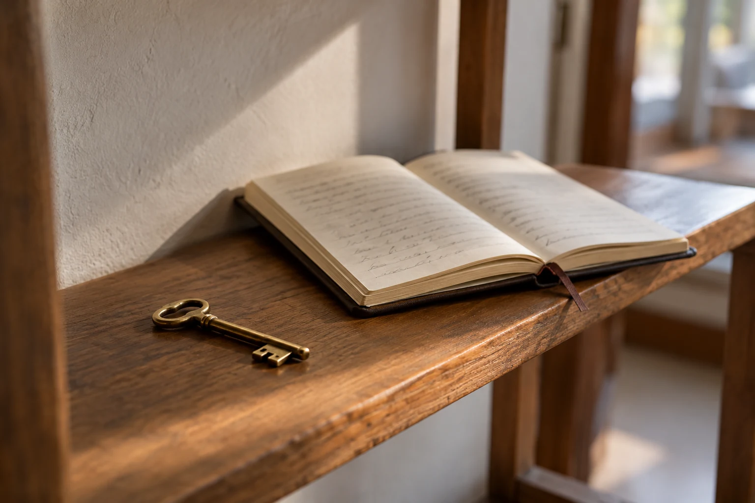 Brass key beside an open notebook on a small remembrance shelf.
