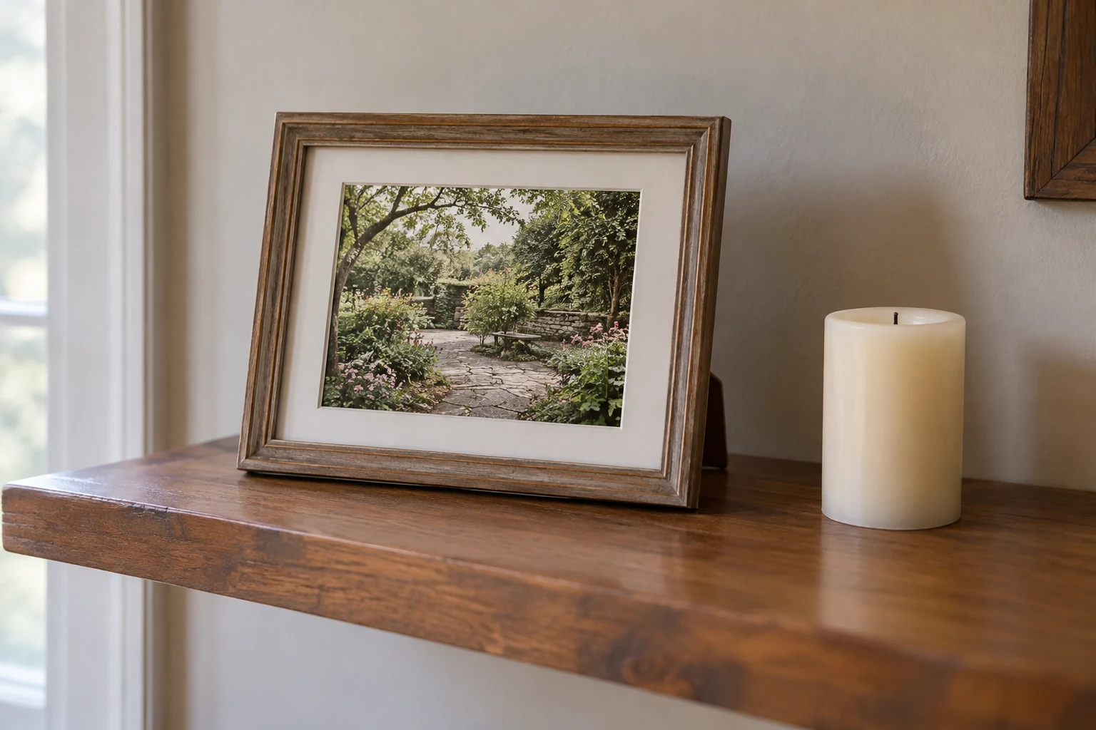 A framed photograph of an empty garden and an unlit candle on a home shelf.