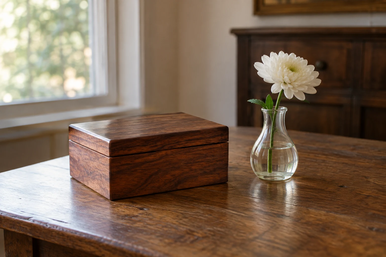A closed wooden keepsake box and a flower in a vase on a small table.