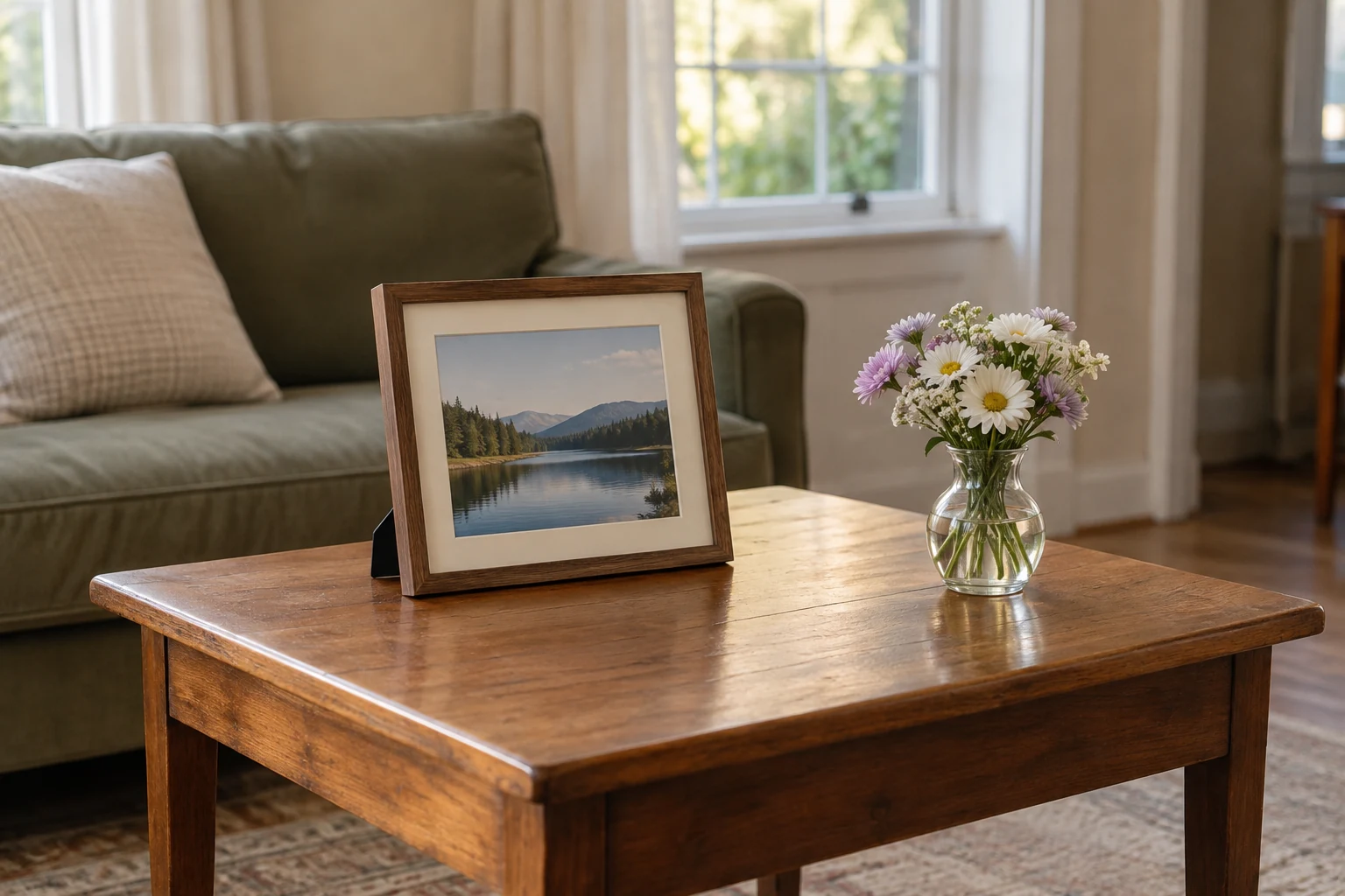A home table with a framed landscape photograph and a small vase of flowers.
