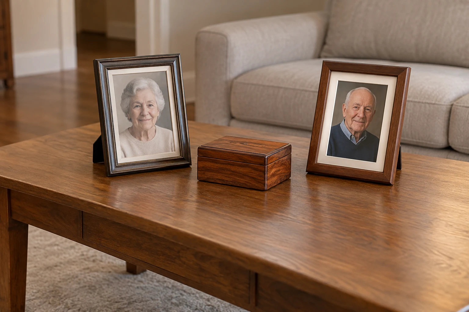 Two framed portraits and a small wooden box spaced apart on a living-room table.