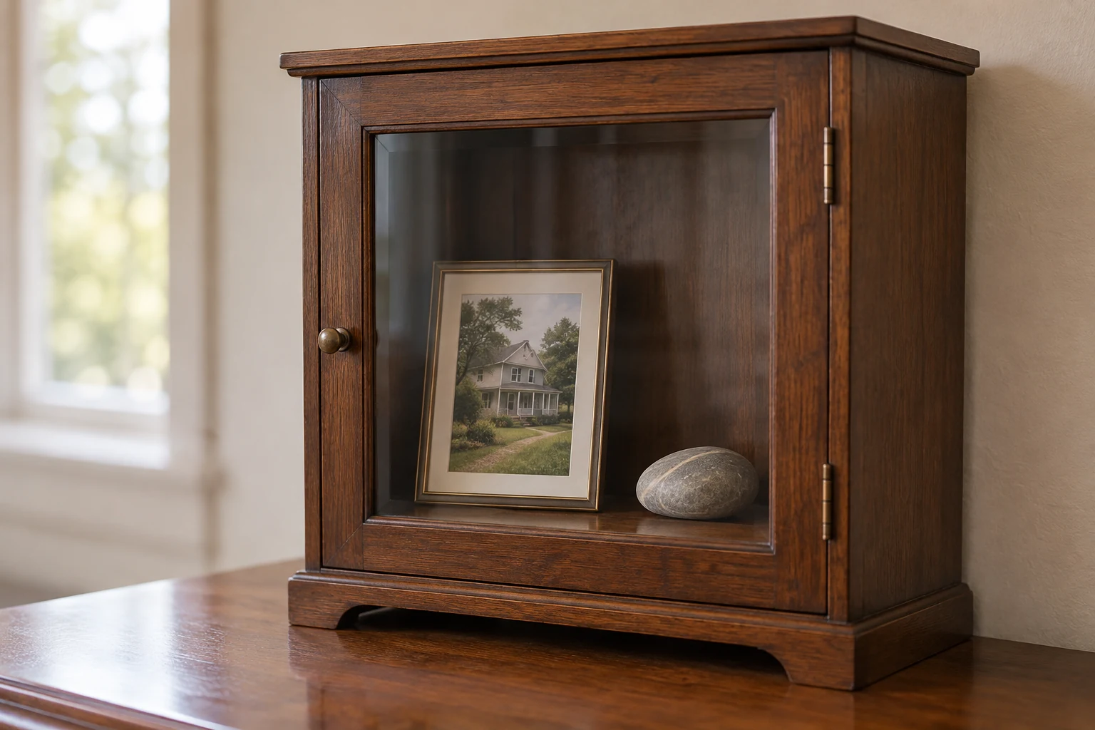 Closed glass-front cabinet holding a framed photograph of a house and a small stone.