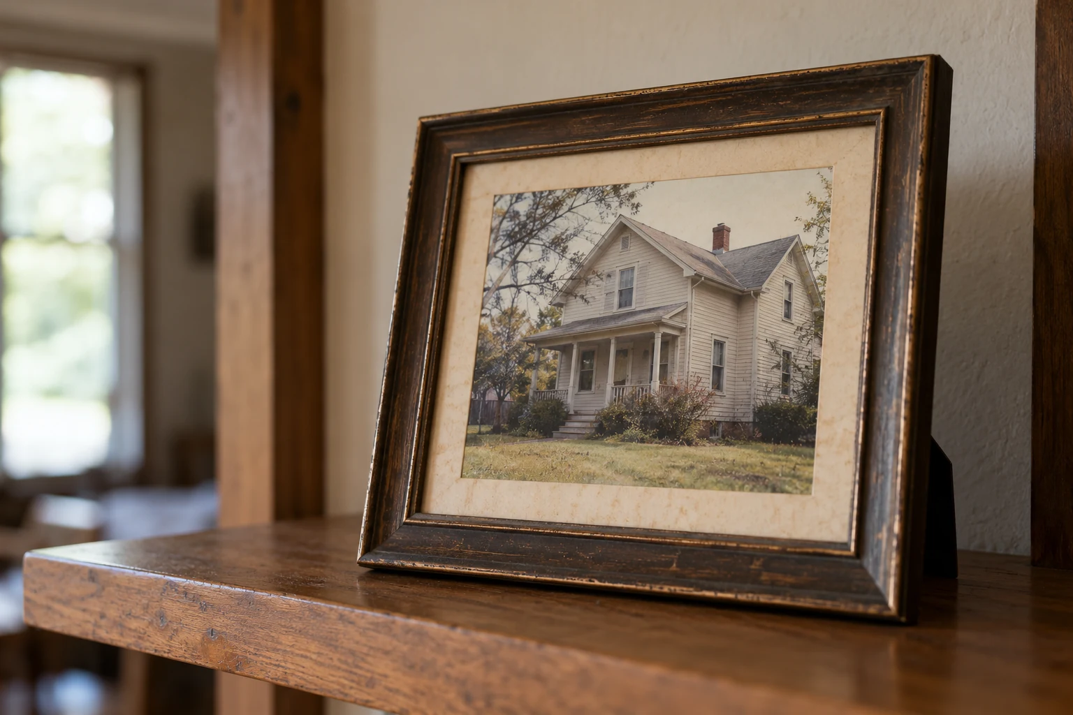 A framed photograph of an empty family home rests on a simple remembrance shelf.