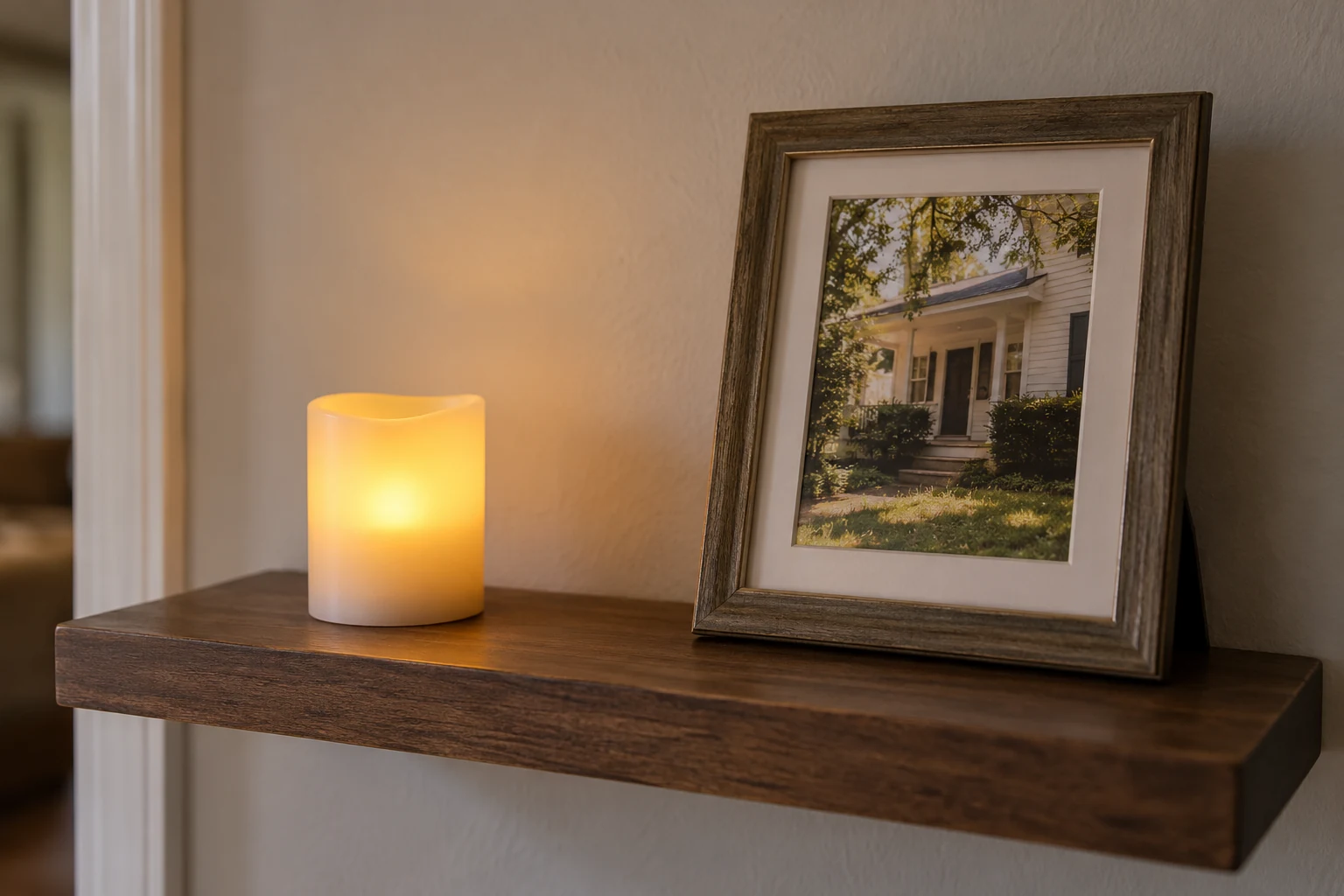A glowing flameless votive sits apart from a framed photograph on a small wall shelf.