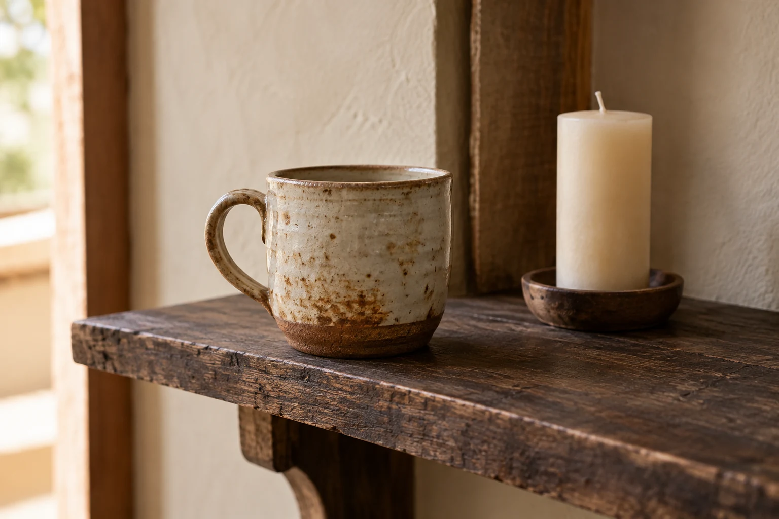 Well-used ceramic cup beside an unlit candle on a small home altar shelf.