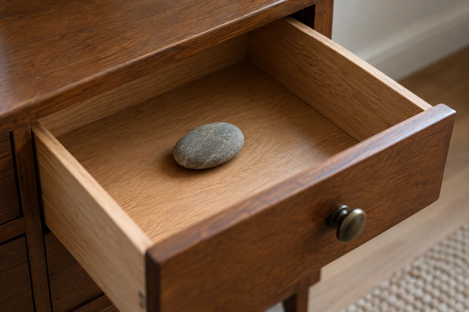 A smooth stone rests in a partly open wooden drawer.